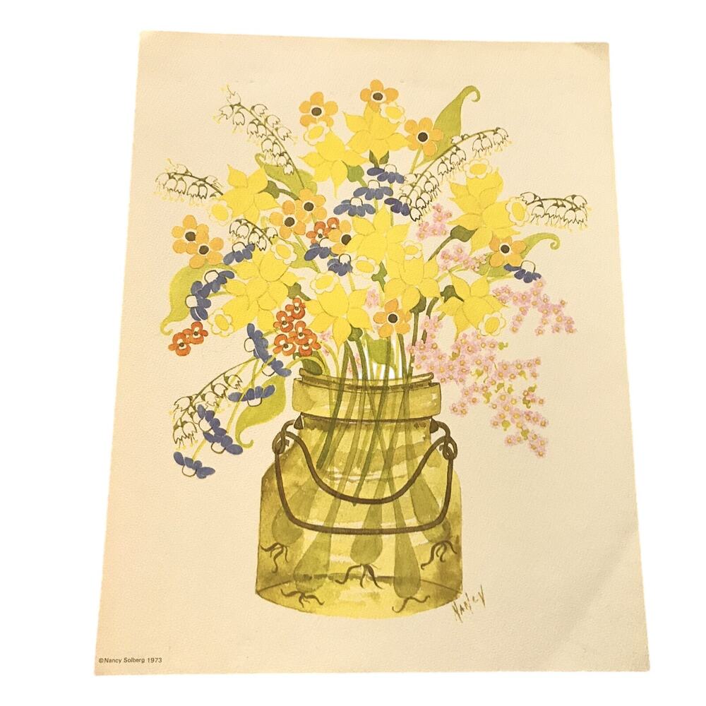 Nancy Solberg Artwork Vintage 1973 Florals Flower Bouquet Yellows Signed Print